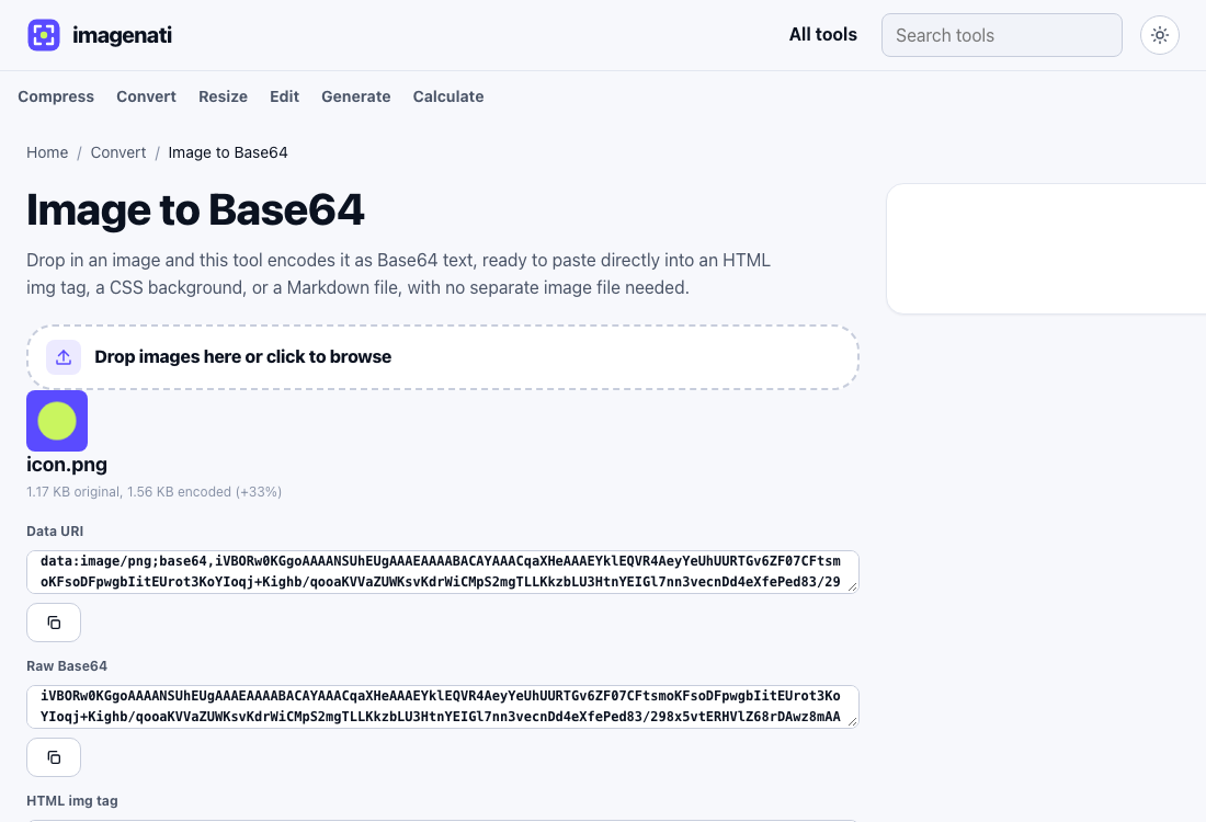 The Image to Base64 tool showing a 1.17 KB PNG file encoding to 1.56 KB of Base64 text, a 33 percent increase