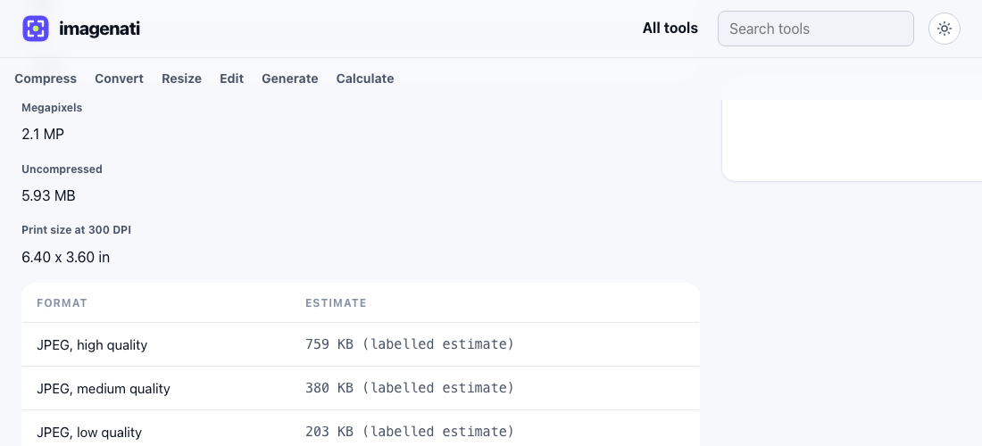The Image File Size Calculator showing JPEG estimates of 759 KB, 380 KB and 203 KB for a 1920 x 1080 image