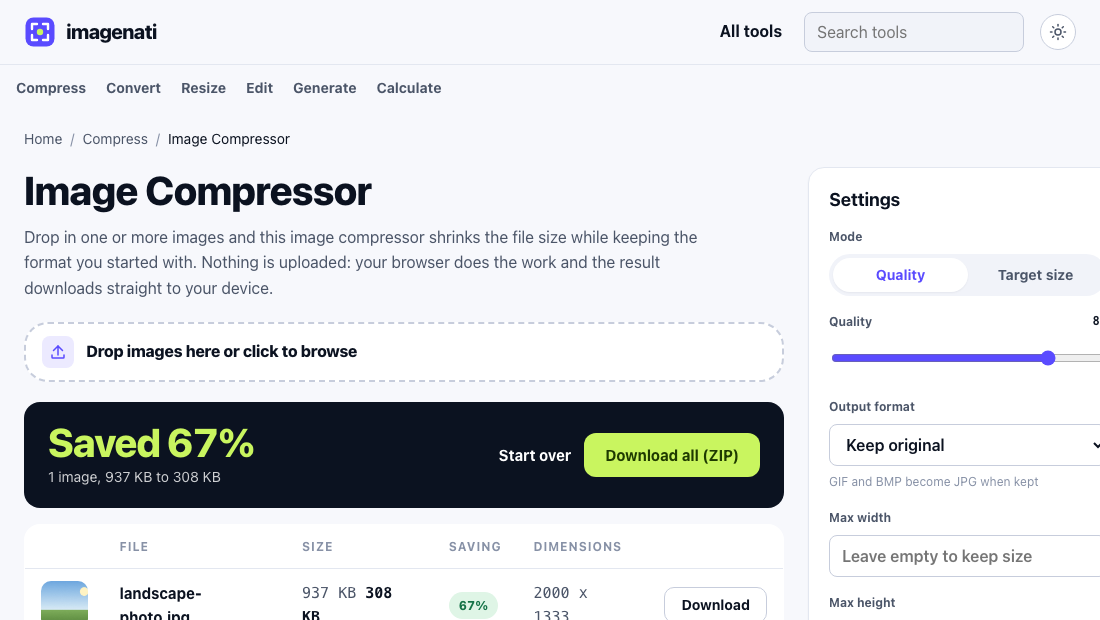 The Image Compressor showing a 937 KB photo reduced to 308 KB, a 67 percent saving, at quality 80