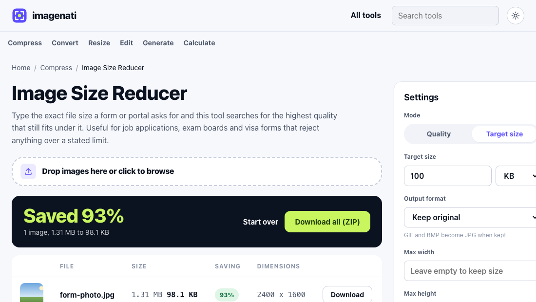 The Image Size Reducer showing a 1.31 MB photo reduced to 98.1 KB, a 93 percent saving, with the target set to 100 KB