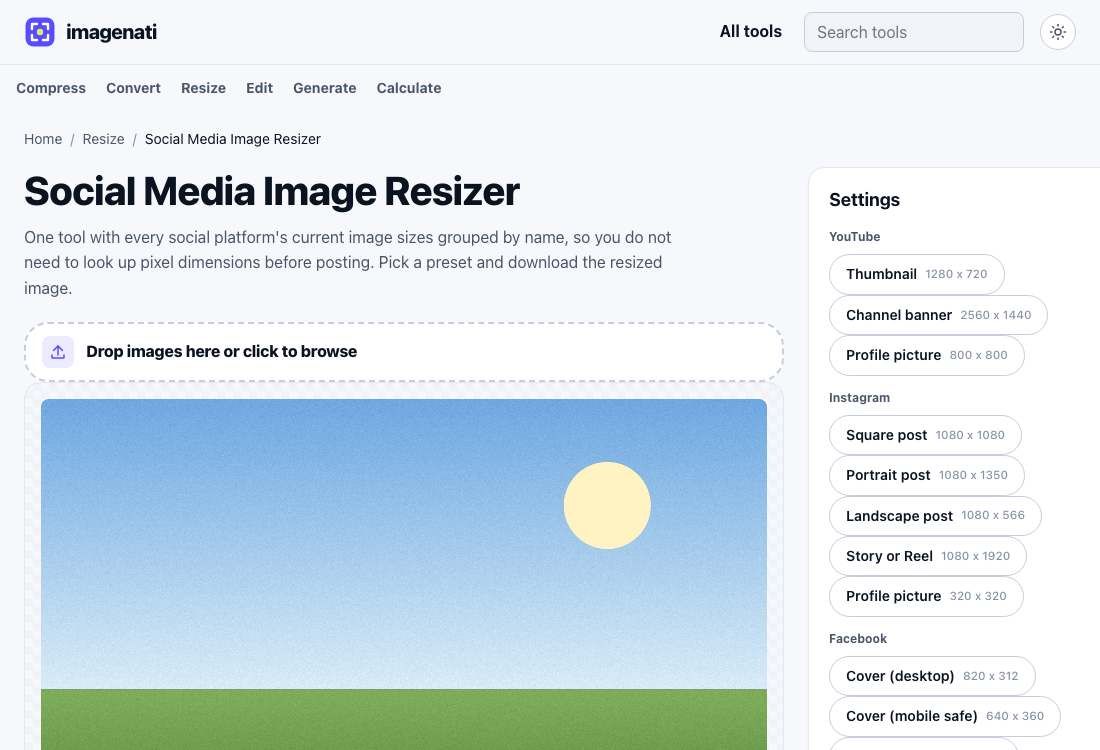 The Social Media Image Resizer's preset list grouped by platform, showing YouTube, Instagram and Facebook sizes